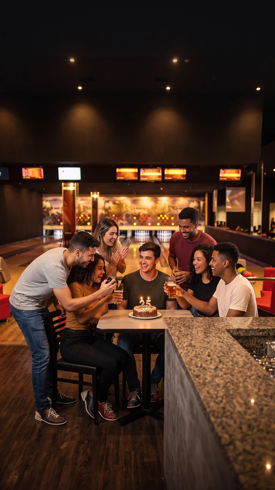 Comemoração de aniversário com amigos e bolo