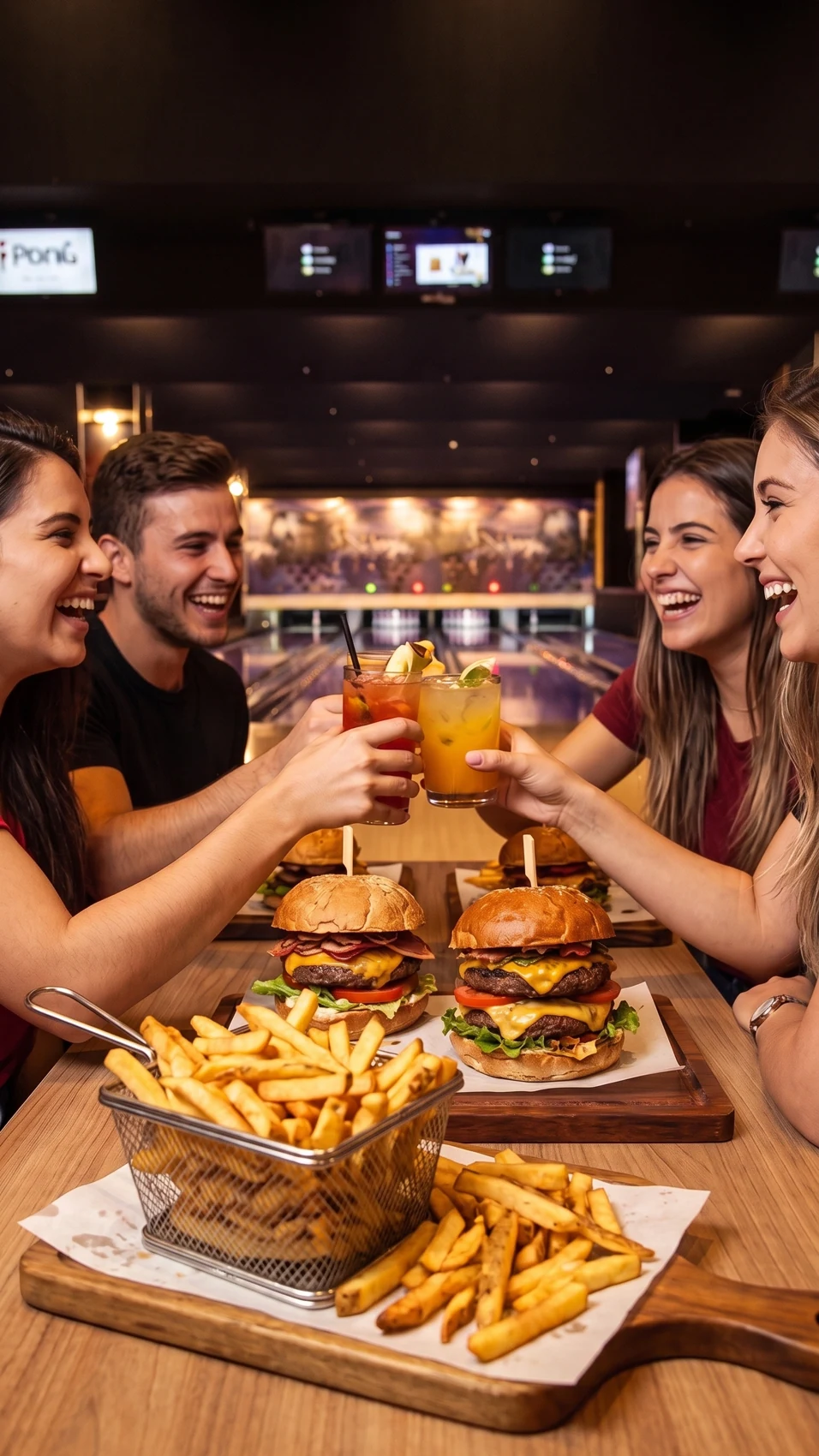 Grupo à mesa com hambúrgueres e batatas